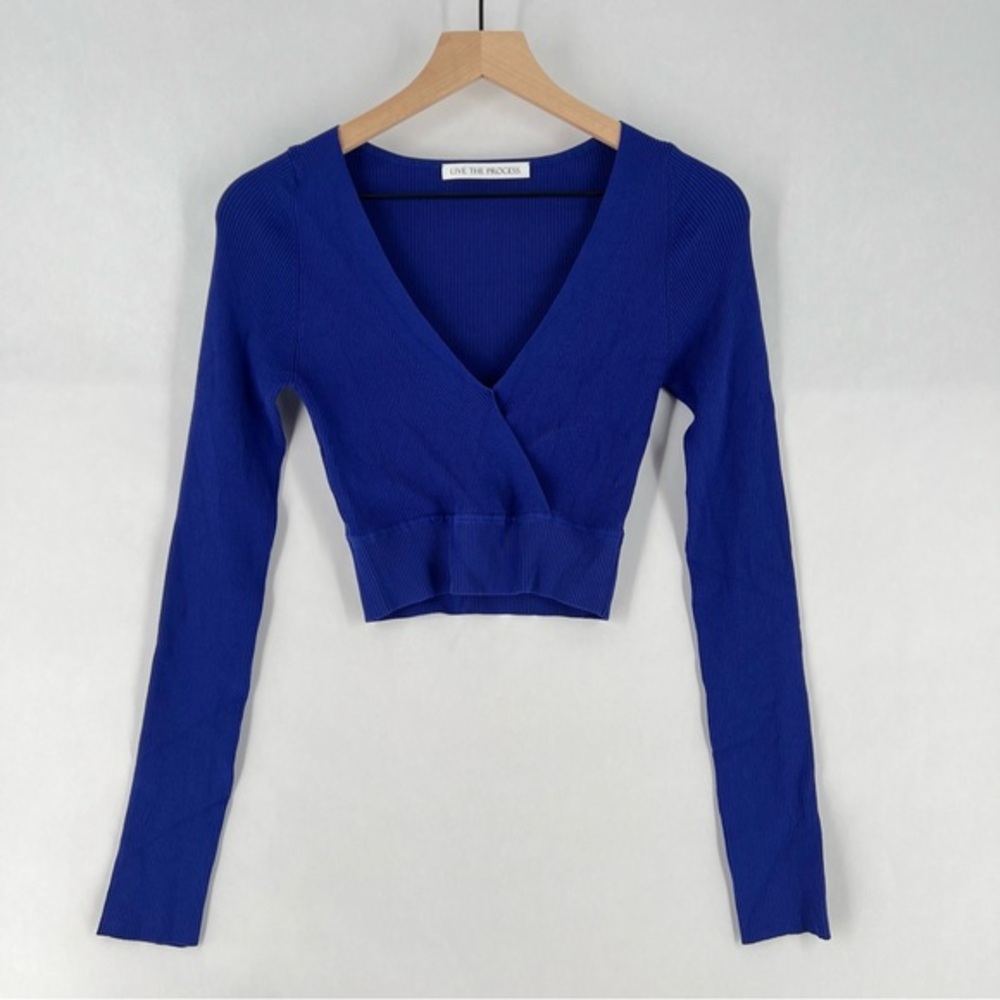 Live In Process Verso Cropped Wrap Effect Ribbed Stretch Knit Top In Blue